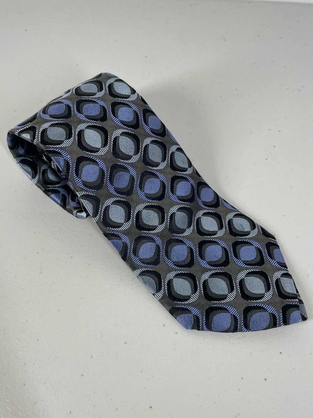 Dion Signature Silk Necktie Gray Blue Geometric Italian Silk Made in Canada
